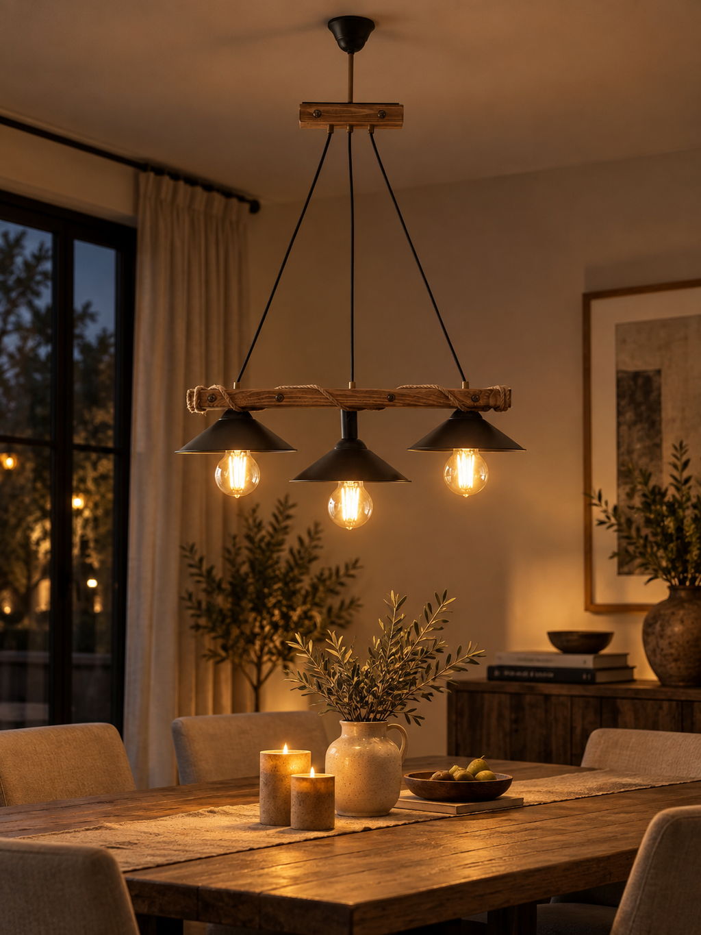 Corten 3'lü Ahşap Avize