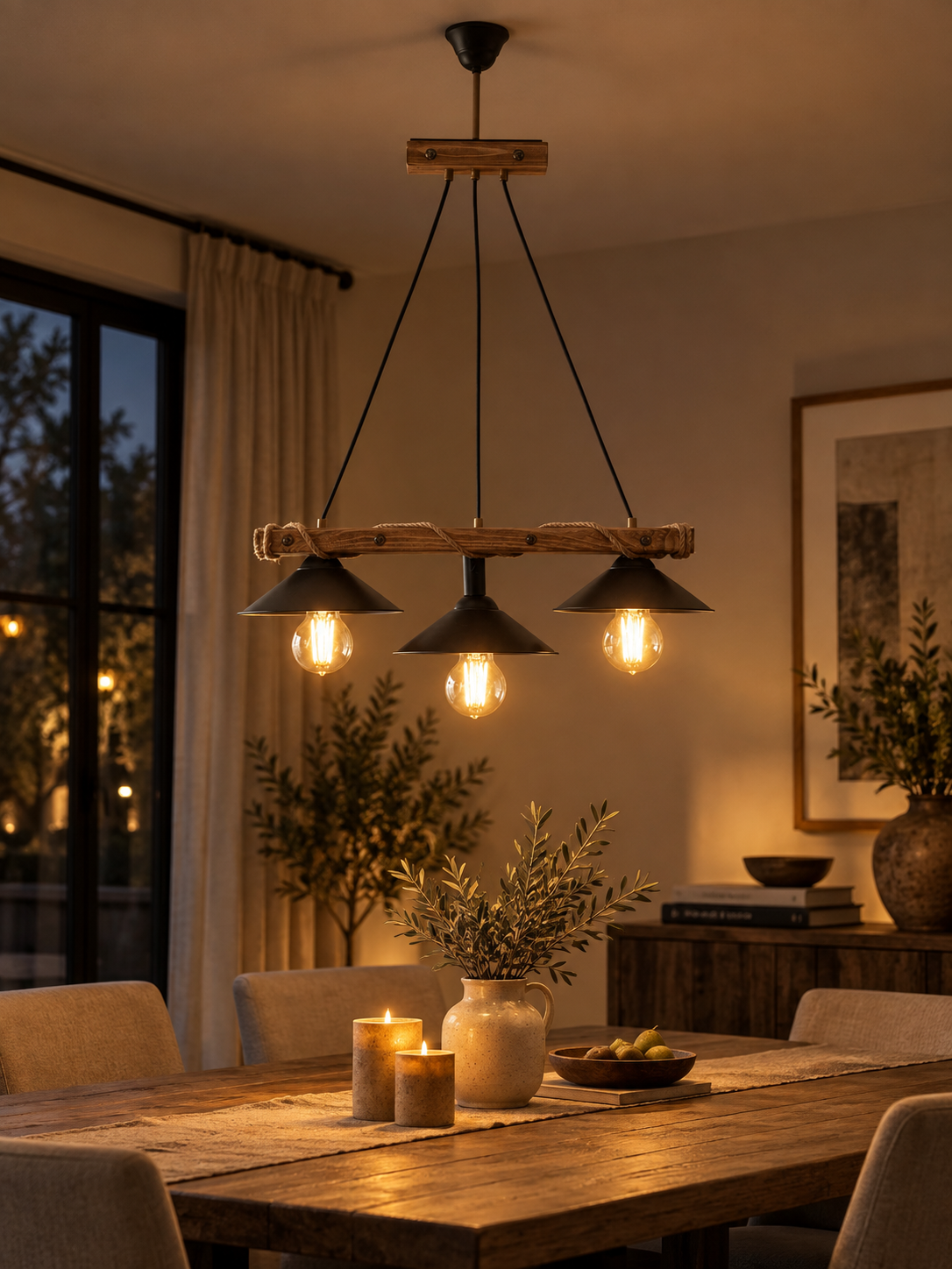 Corten 3'lü Ahşap Avize