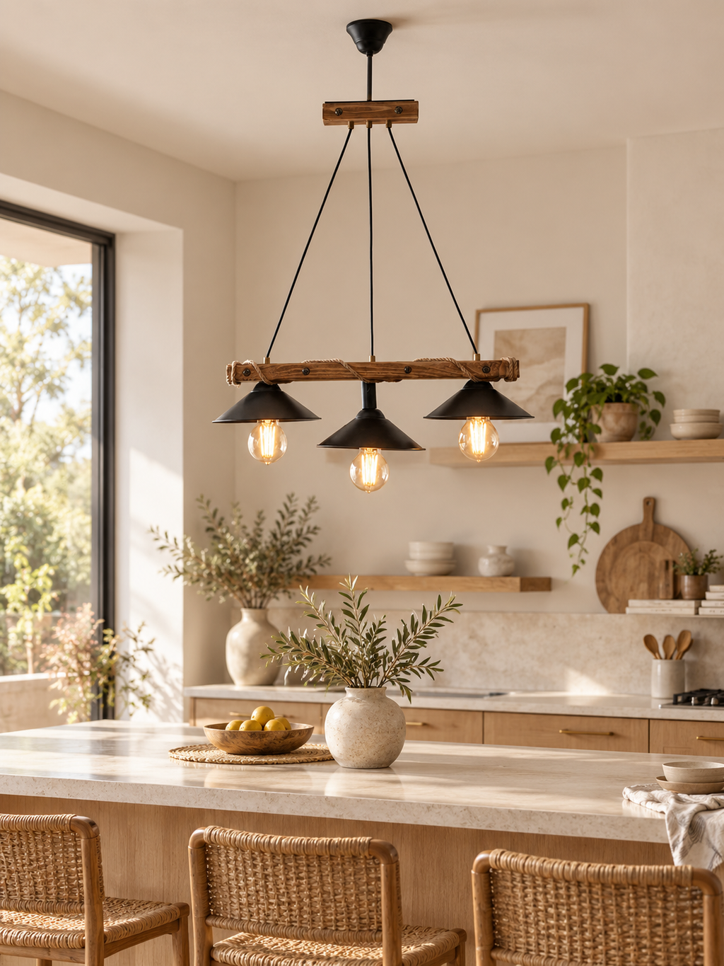 Corten 3'lü Ahşap Avize
