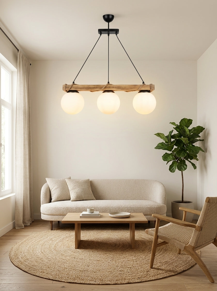Nordwood 3'lü Opal Camlı Ahşap Avize