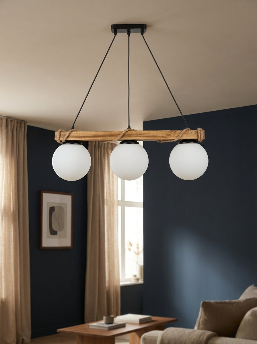 Nordwood 3'lü Opal Camlı Ahşap Avize