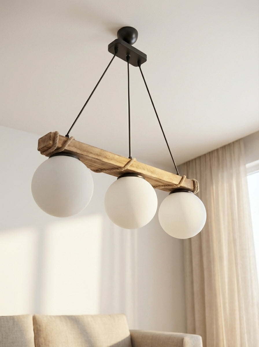 Nordwood 3'lü Opal Camlı Ahşap Avize