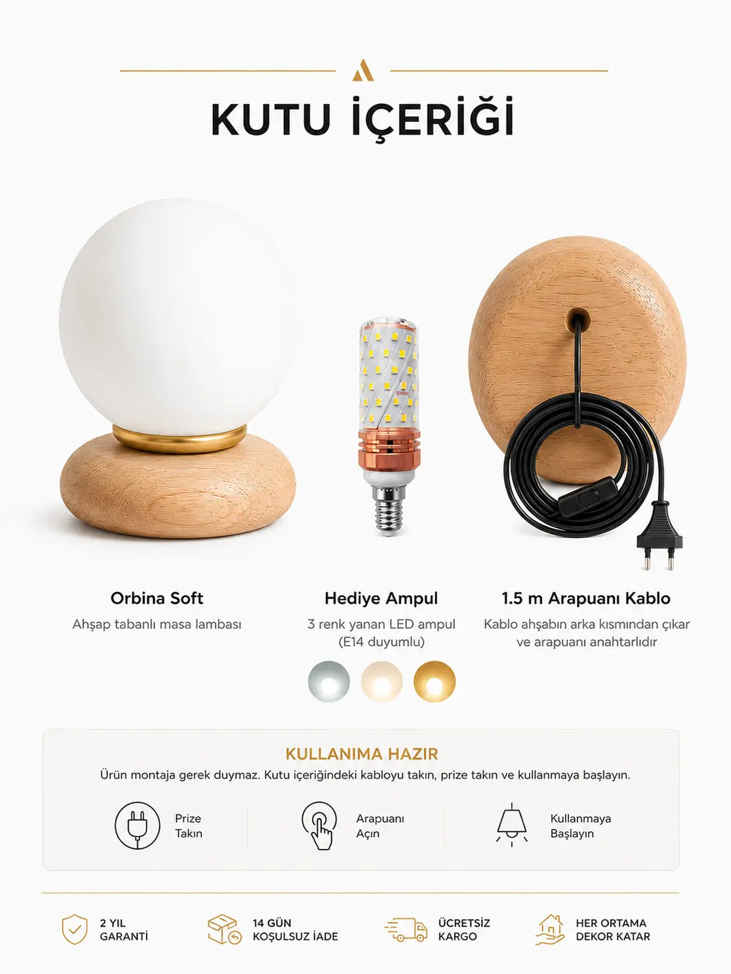 Alldesco Orbina Soft Opal Cam Masa Lambası – Ahşap Tabanlı Minimal Abajur