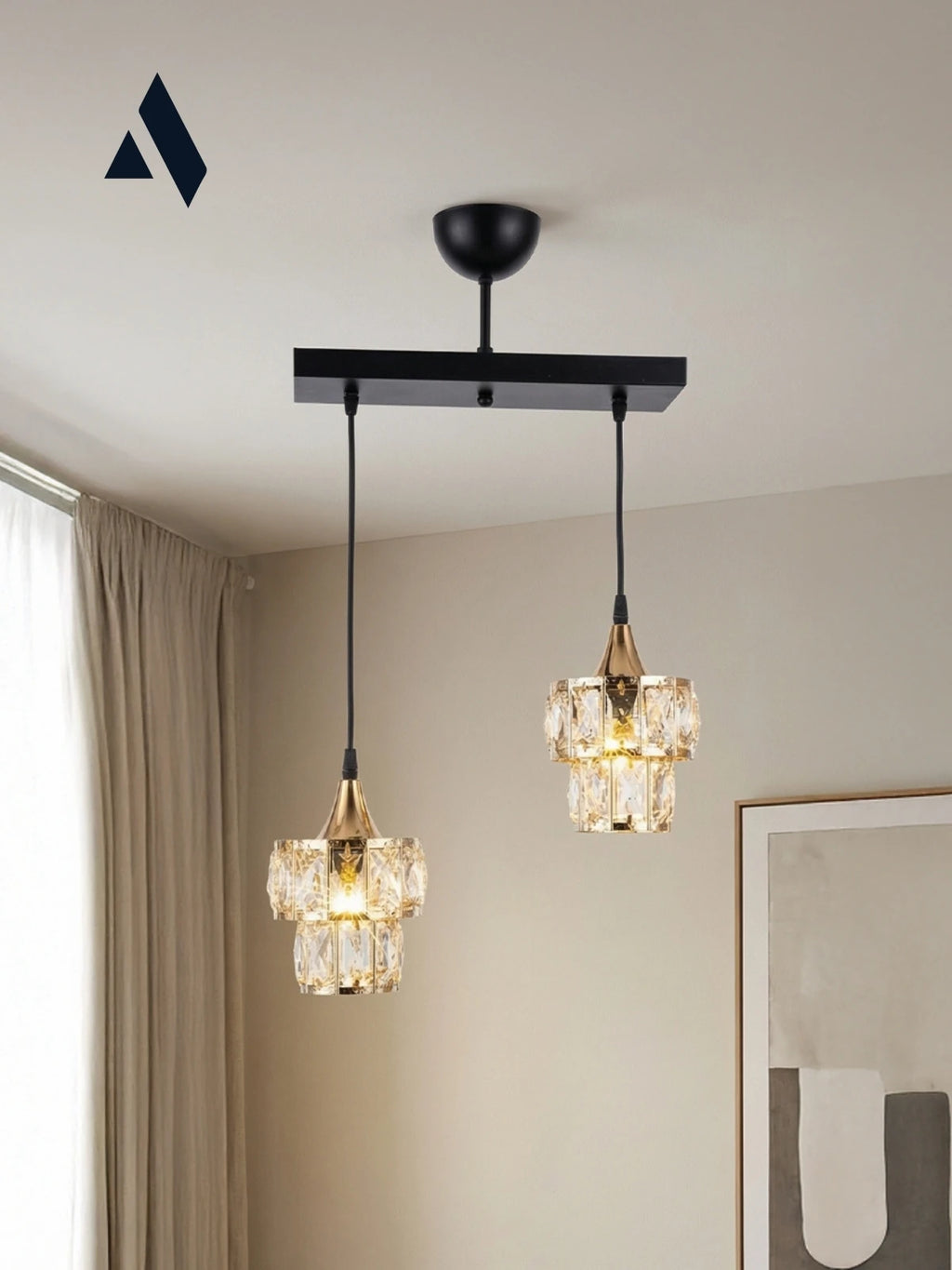 Crysten Luxe 2’li Kristal Taşlı Sarkıt Avize | Gold & Krom Başlıklı Modern Lüks Aydınlatma