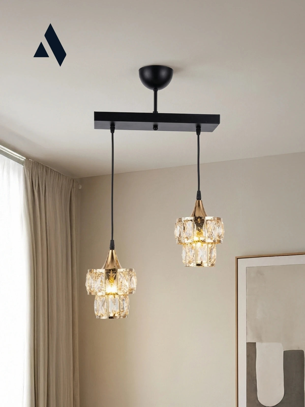Crysten Luxe 2’li Kristal Taşlı Sarkıt Avize | Gold & Krom Başlıklı Modern Lüks Aydınlatma