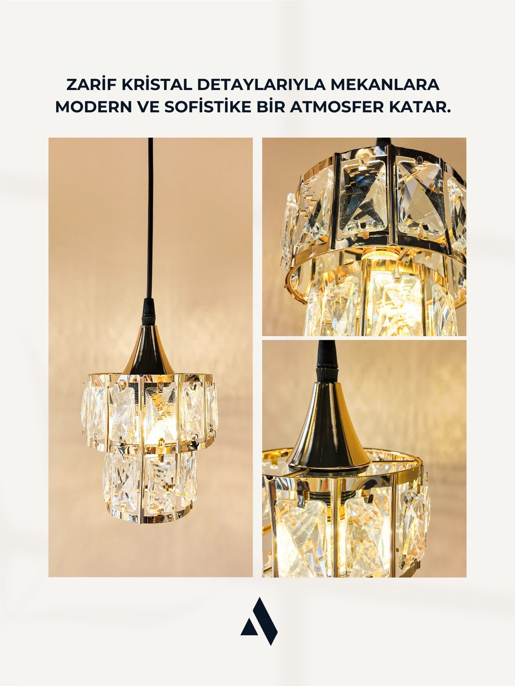 Crysten Luxe Tekli Kristal Taşlı Sarkıt Avize | Gold & Krom Zarif Aydınlatma
