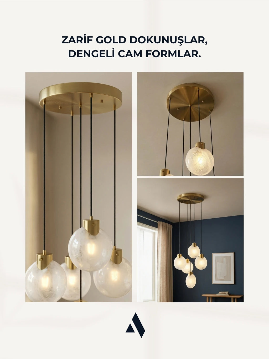 Fiora 5’li Midye Cam Sarkıt Avize | Gold & Krom Renkli Lüks Modern Tasarım