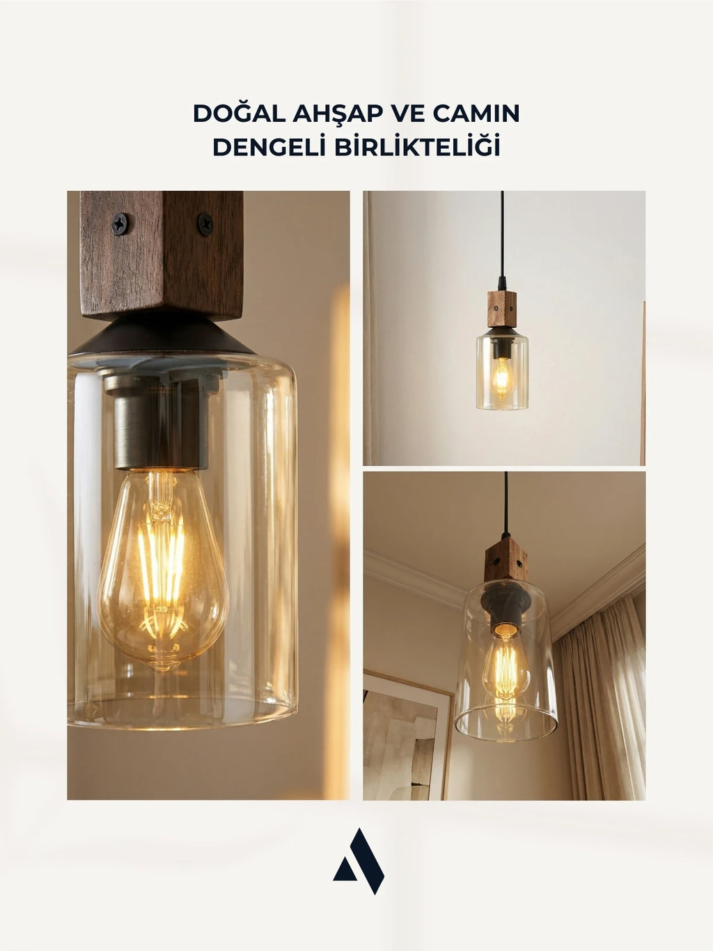 Altira Ahşap Tekli Sarkıt Avize – Modern Camlı Mutfak ve Yemek Masası Aydınlatması
