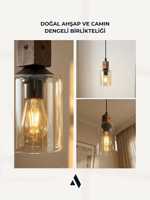 Altira Ahşap Tekli Sarkıt Avize – Modern Camlı Mutfak ve Yemek Masası Aydınlatması