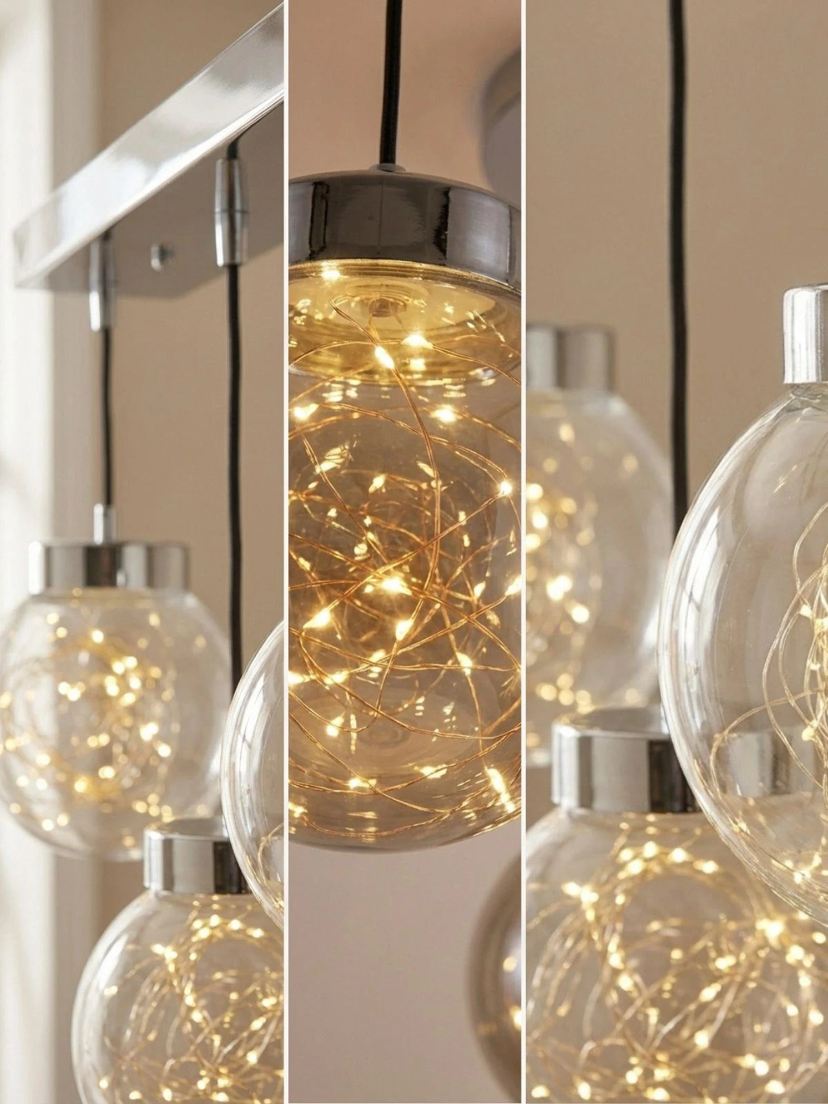 Glow 3’lü Sıralı Peri LED Avize – Cam Küre Dekoratif Yemek Masası Avizesi