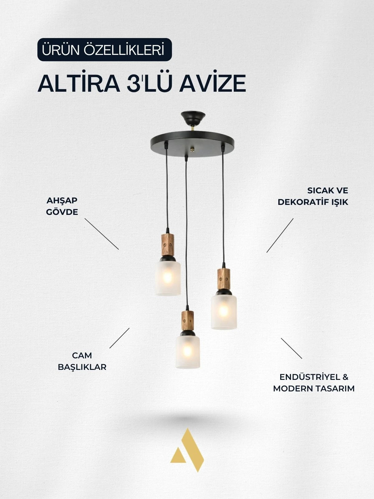 Altira 3'lü Ahşap Sarkıt Avize – Modern Camlı Tepsili Dekoratif Salon ve Yemek Masası Avizesi