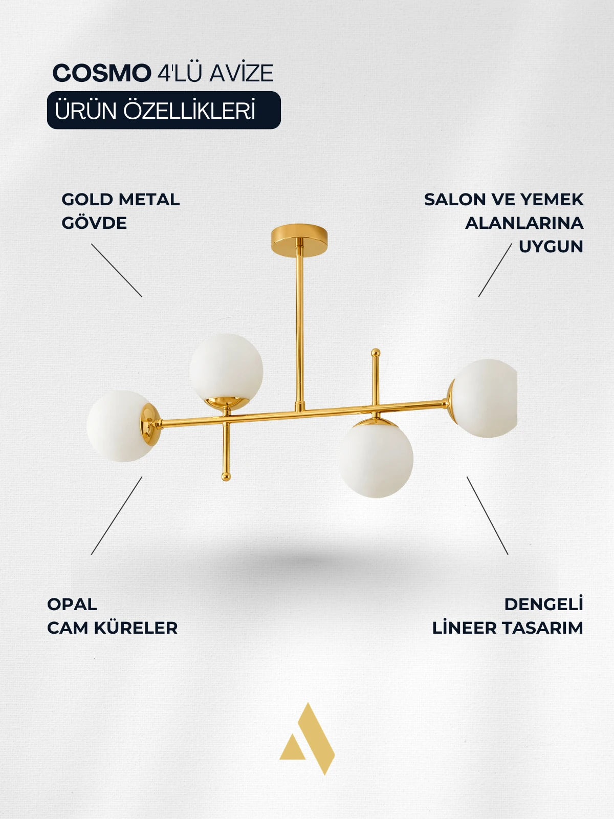 Cosmo 4’lü Modern Avize – Opal Cam Küreli Krom / Gold Metal Salon Avizesi
