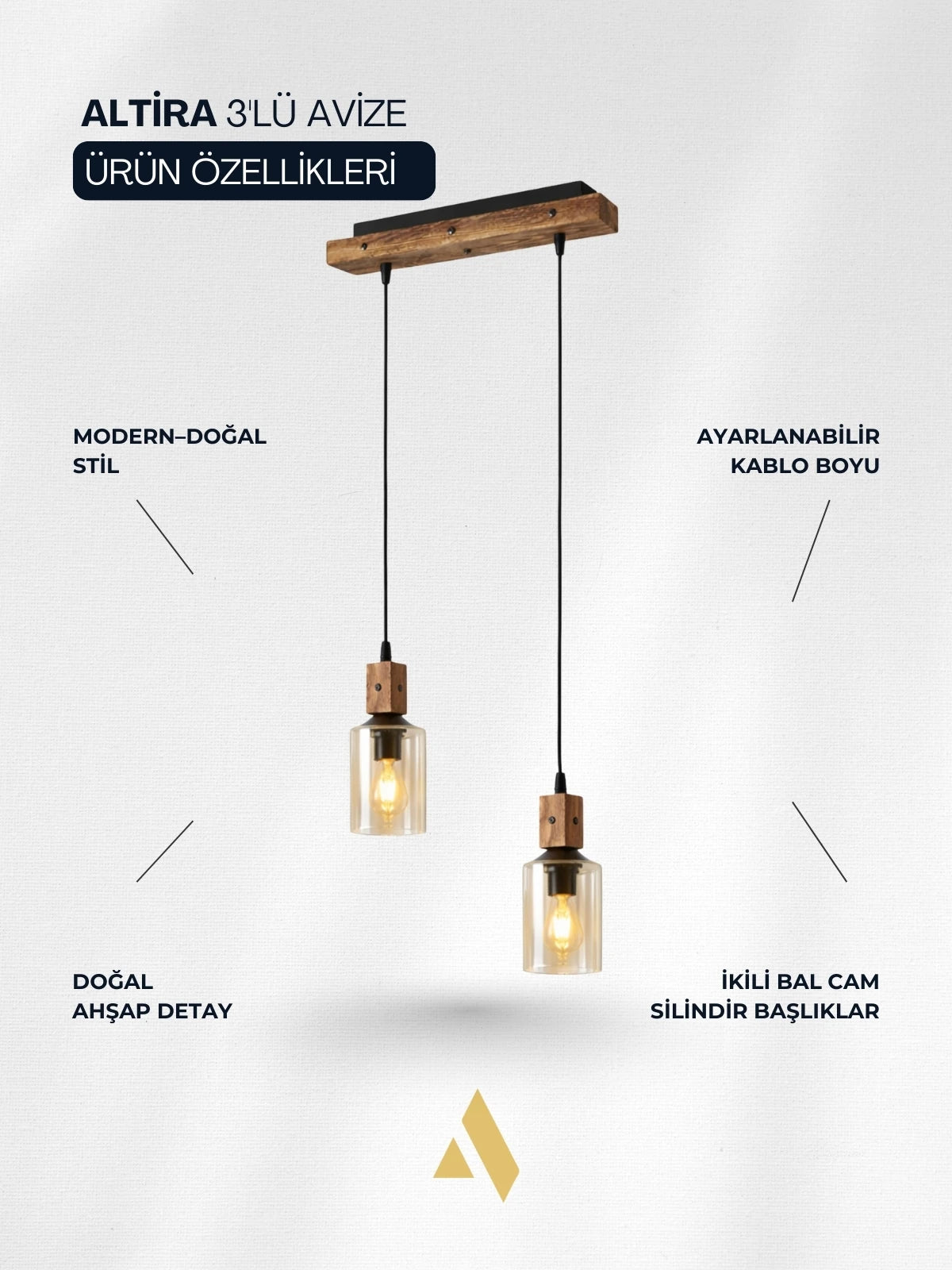 Altira 2'li Ahşap Sarkıt Avize – Modern Camlı Sıralı Mutfak ve Yemek Masası Avizesi