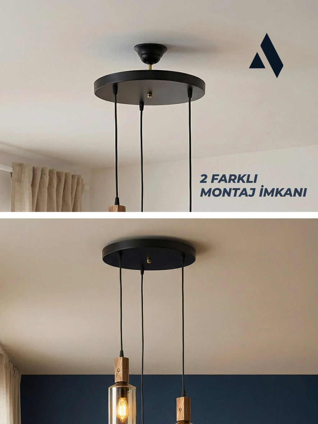 Altira 3'lü Ahşap Sarkıt Avize – Modern Camlı Tepsili Dekoratif Salon ve Yemek Masası Avizesi