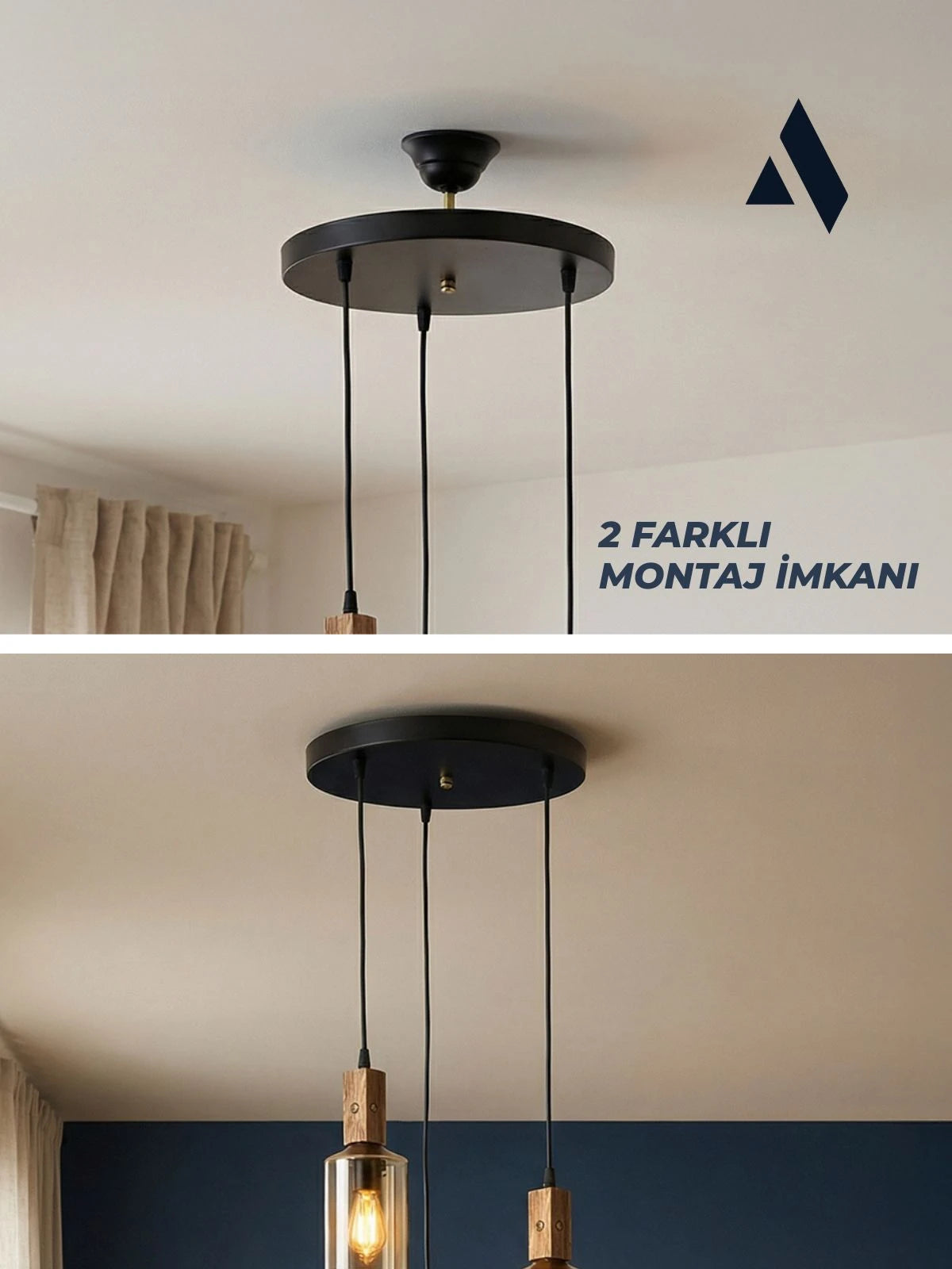 Altira 3'lü Ahşap Sarkıt Avize – Modern Camlı Tepsili Dekoratif Salon ve Yemek Masası Avizesi
