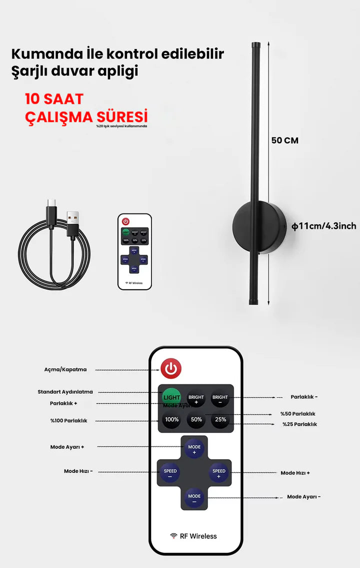 Lunex Şarjlı Manyetik LED Duvar Apliği (Kumandalı, 3 Renk)