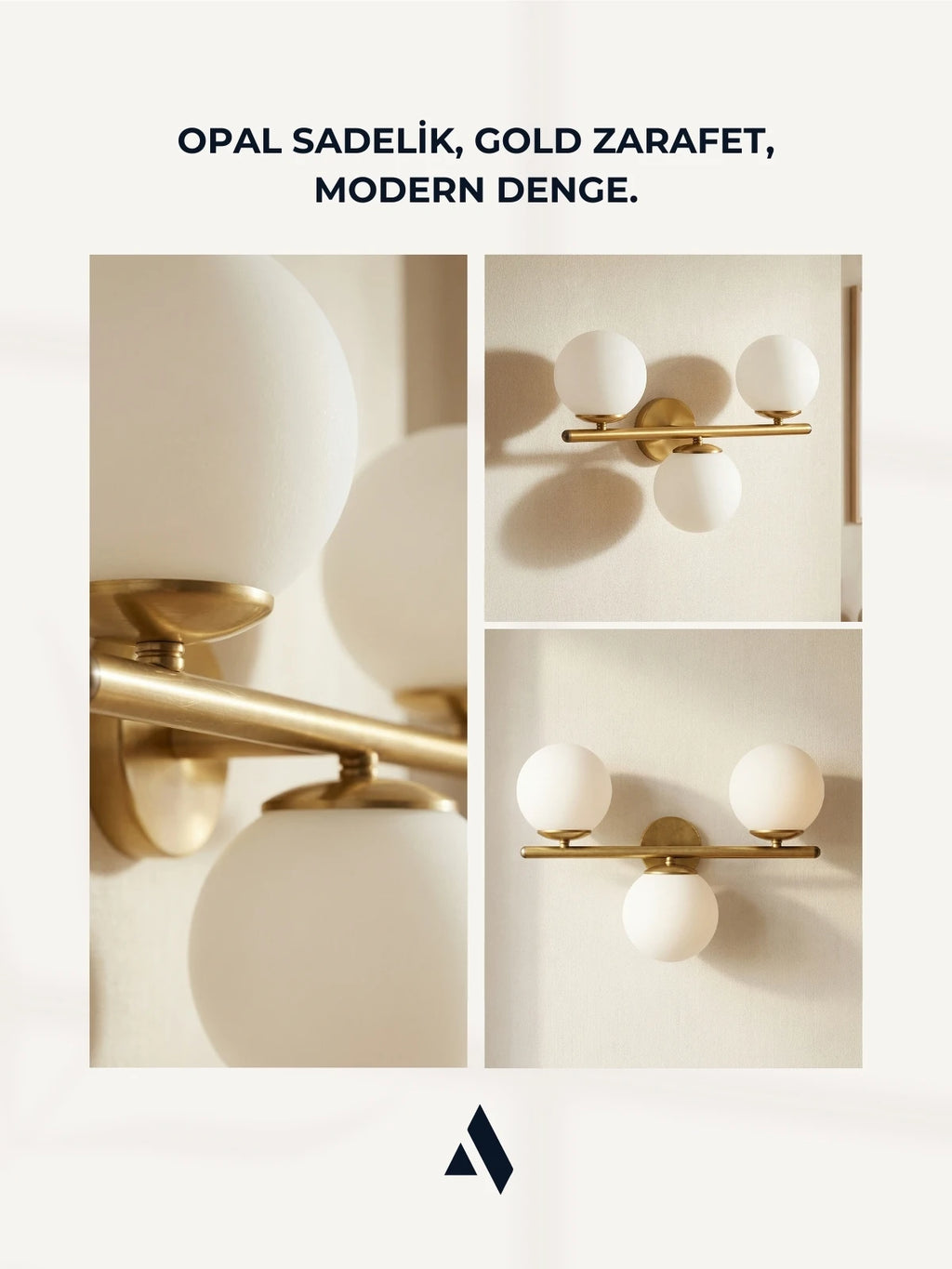 Trivon Üçlü Cam Aplik – Beyaz & Bal Renk Seçenekli, Gold Metal Gövde | Modern Duvar Aydınlatma