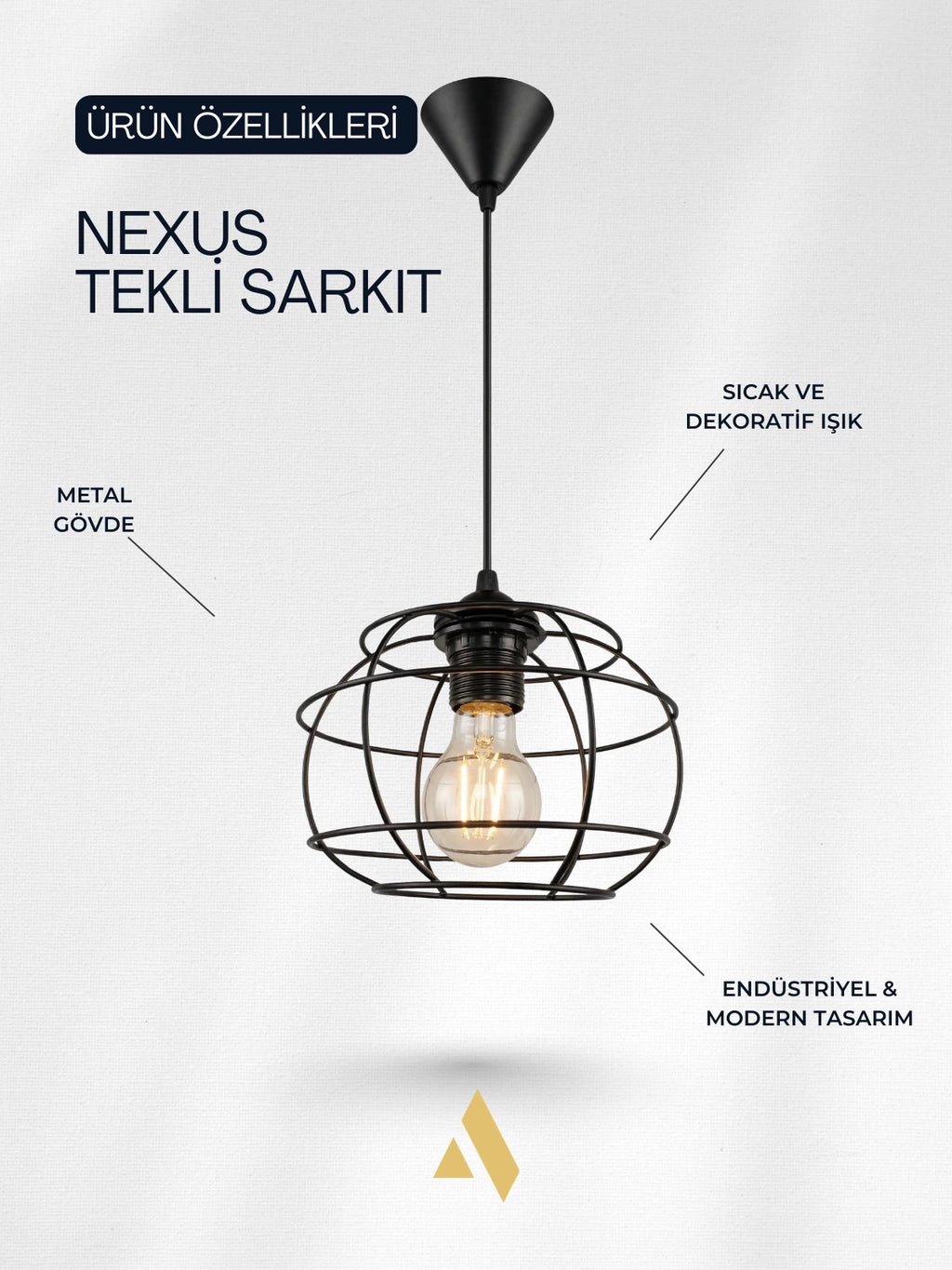 Nexus Tel Kafes Tekli Sarkıt Avize – Endüstriyel Metal Avize (Camsız / Bal Cam / Beyaz Cam)