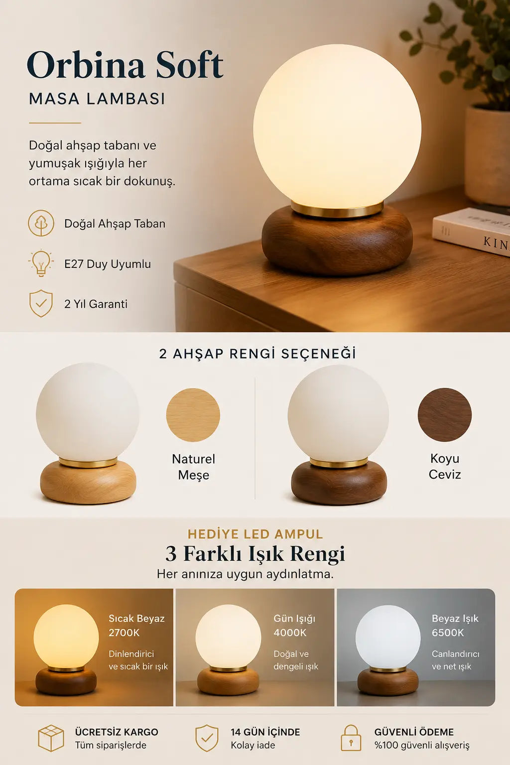Alldesco Orbina Soft Opal Cam Masa Lambası – Ahşap Tabanlı Minimal Abajur