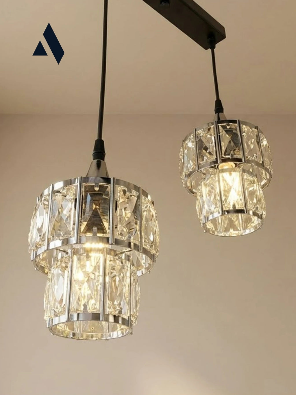 Crysten Luxe 2’li Kristal Taşlı Sarkıt Avize | Gold & Krom Başlıklı Modern Lüks Aydınlatma