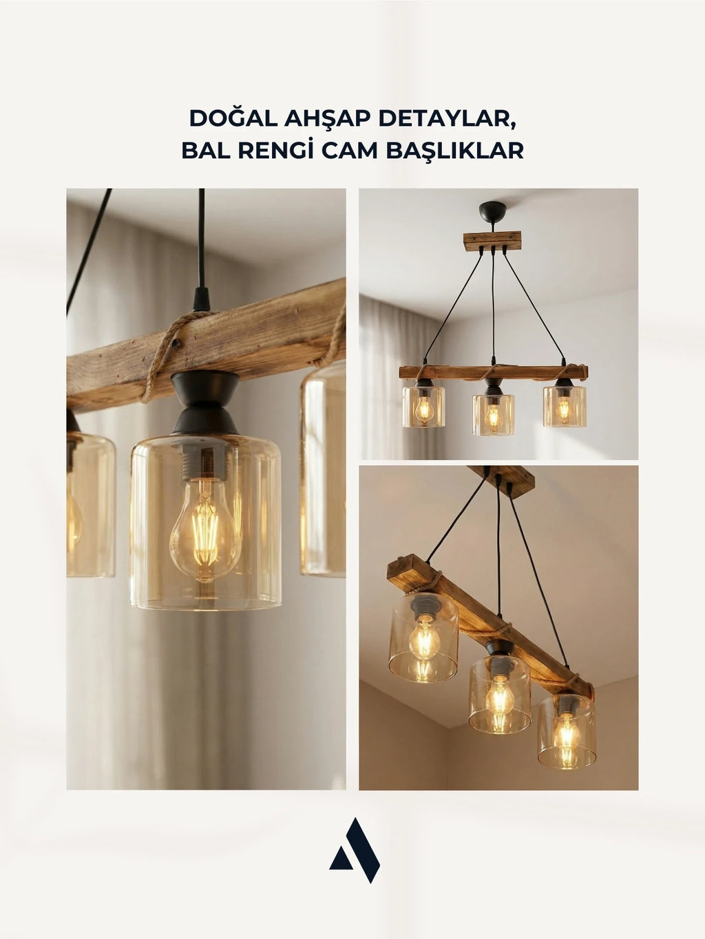 Clara 3’lü Halat Detaylı Ahşap Avize | Bal Camlı Rustik Tavan Aydınlatması