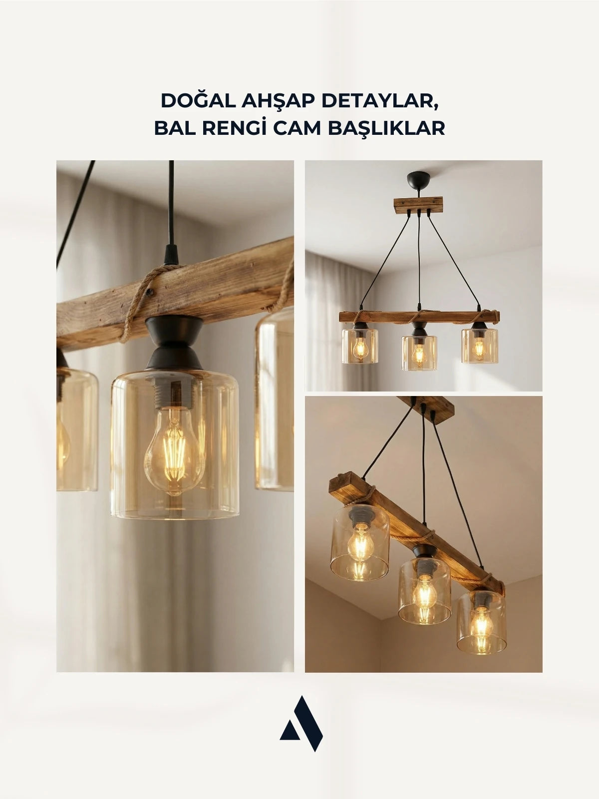 Clara 3’lü Halat Detaylı Ahşap Avize | Bal Camlı Rustik Tavan Aydınlatması