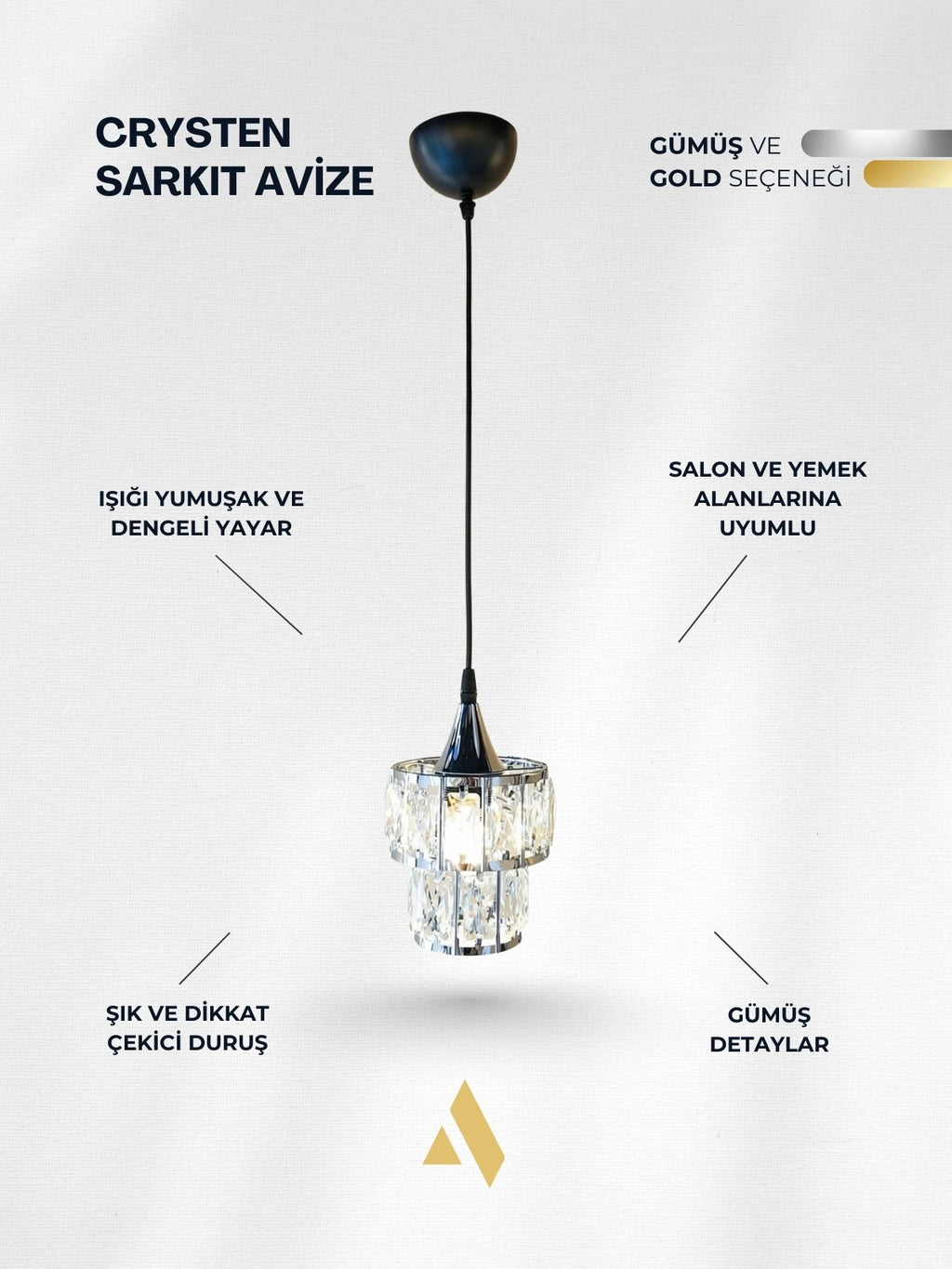 Crysten Luxe Tekli Kristal Taşlı Sarkıt Avize | Gold & Krom Zarif Aydınlatma