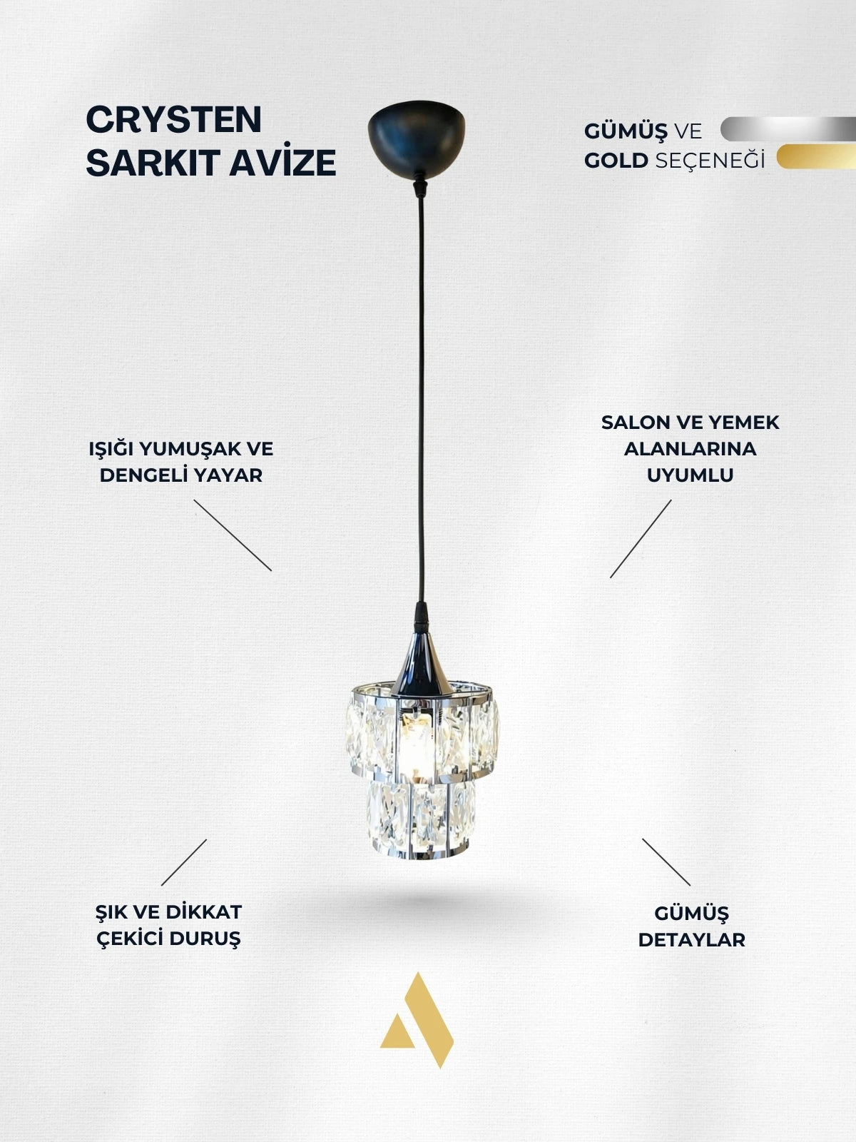 Crysten Luxe Tekli Kristal Taşlı Sarkıt Avize | Gold & Krom Zarif Aydınlatma