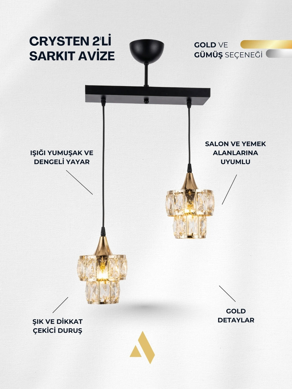 Crysten Luxe 2’li Kristal Taşlı Sarkıt Avize | Gold & Krom Başlıklı Modern Lüks Aydınlatma
