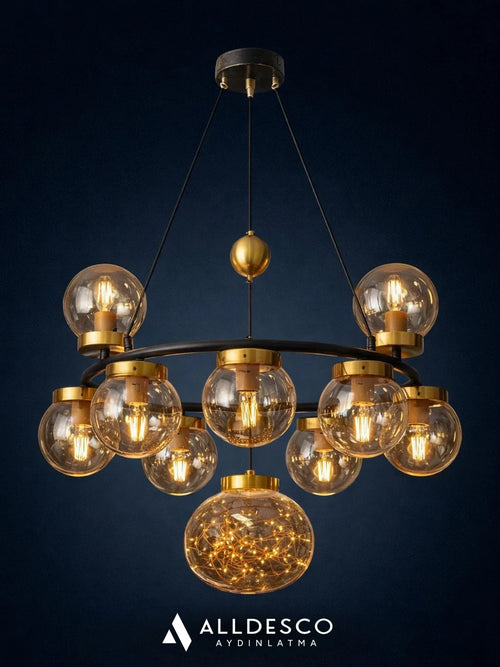 Alldesco Celestra 9’lu Bal Camlı Peri LED Modern Salon Avizesi – Gold Detaylı Siyah Sarkıt Avize