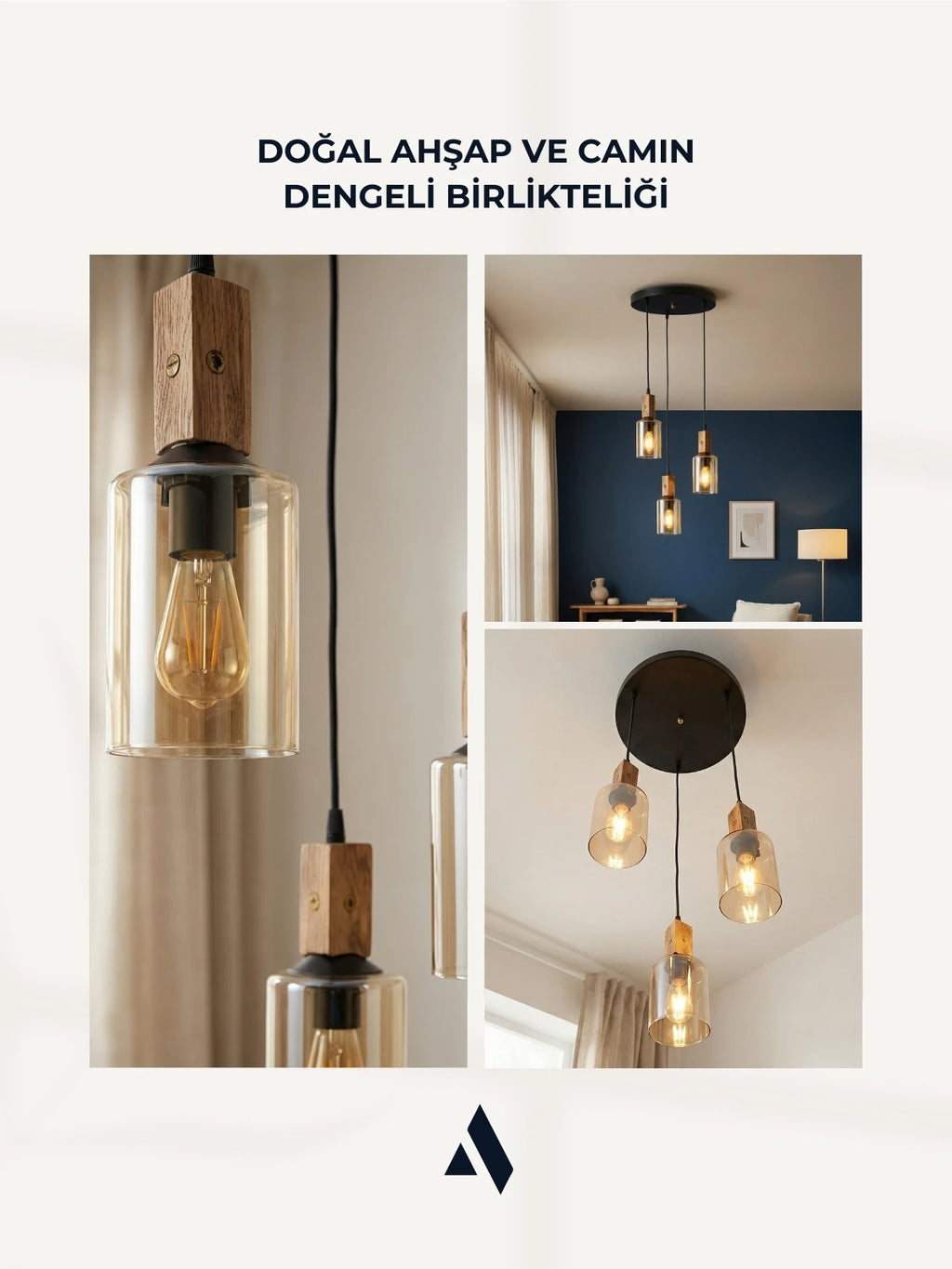 Altira 3'lü Ahşap Sarkıt Avize – Modern Camlı Tepsili Dekoratif Salon ve Yemek Masası Avizesi