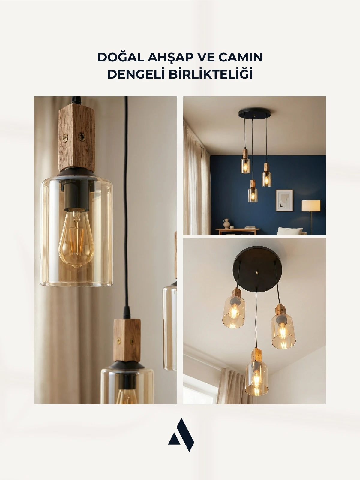Altira 3'lü Ahşap Sarkıt Avize – Modern Camlı Tepsili Dekoratif Salon ve Yemek Masası Avizesi