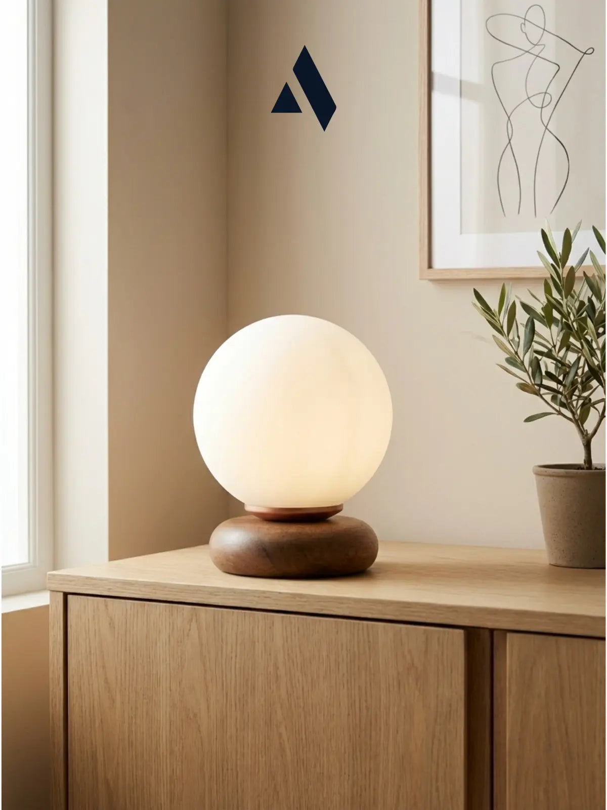 Alldesco Orbina Soft Opal Cam Masa Lambası – Ahşap Tabanlı Minimal Abajur