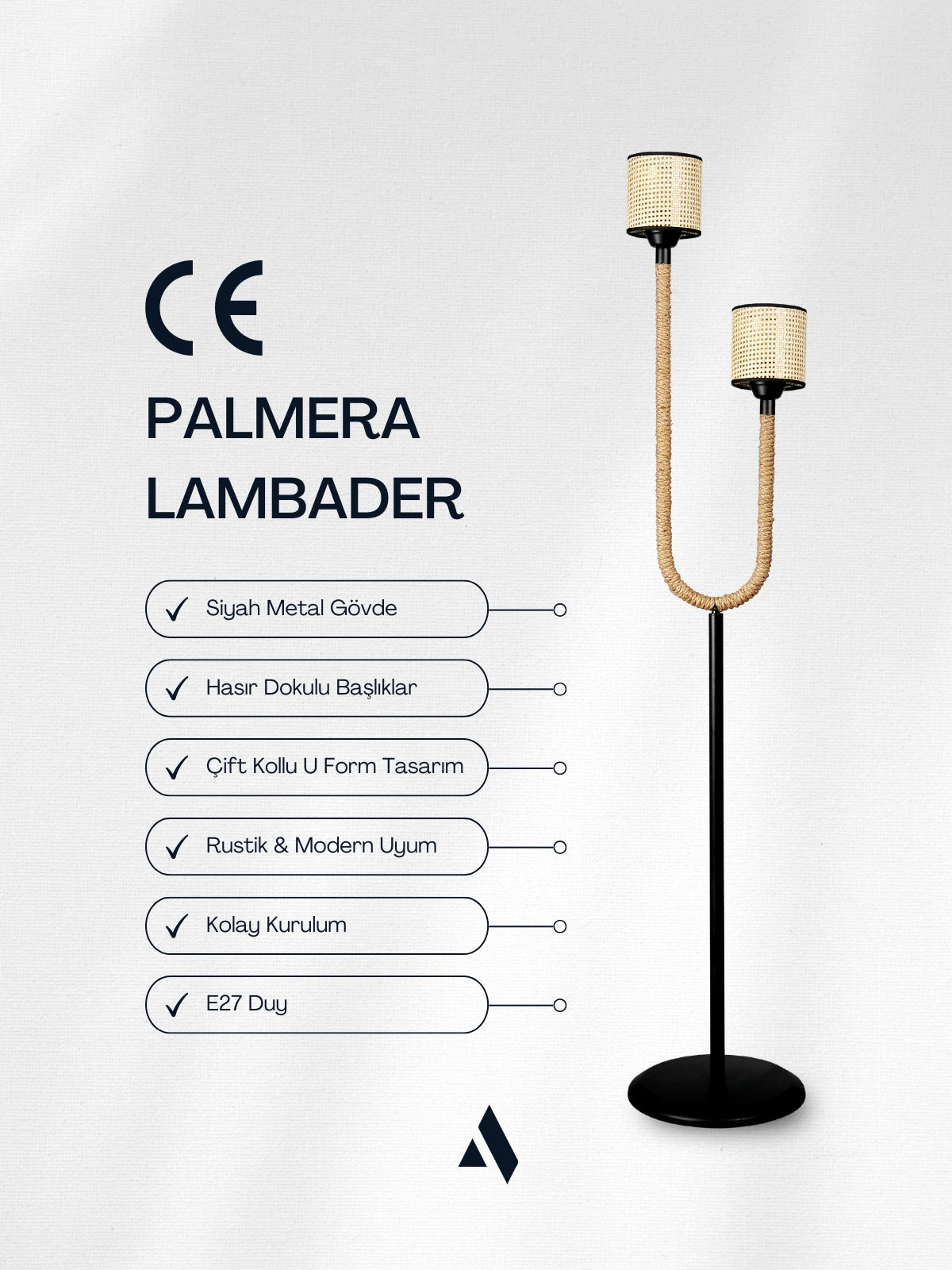 Palmera Dekoratif İkili Lambader – Halat Kollu, Bez Şapkalı, Güvenli ve Estetik Aydınlatma