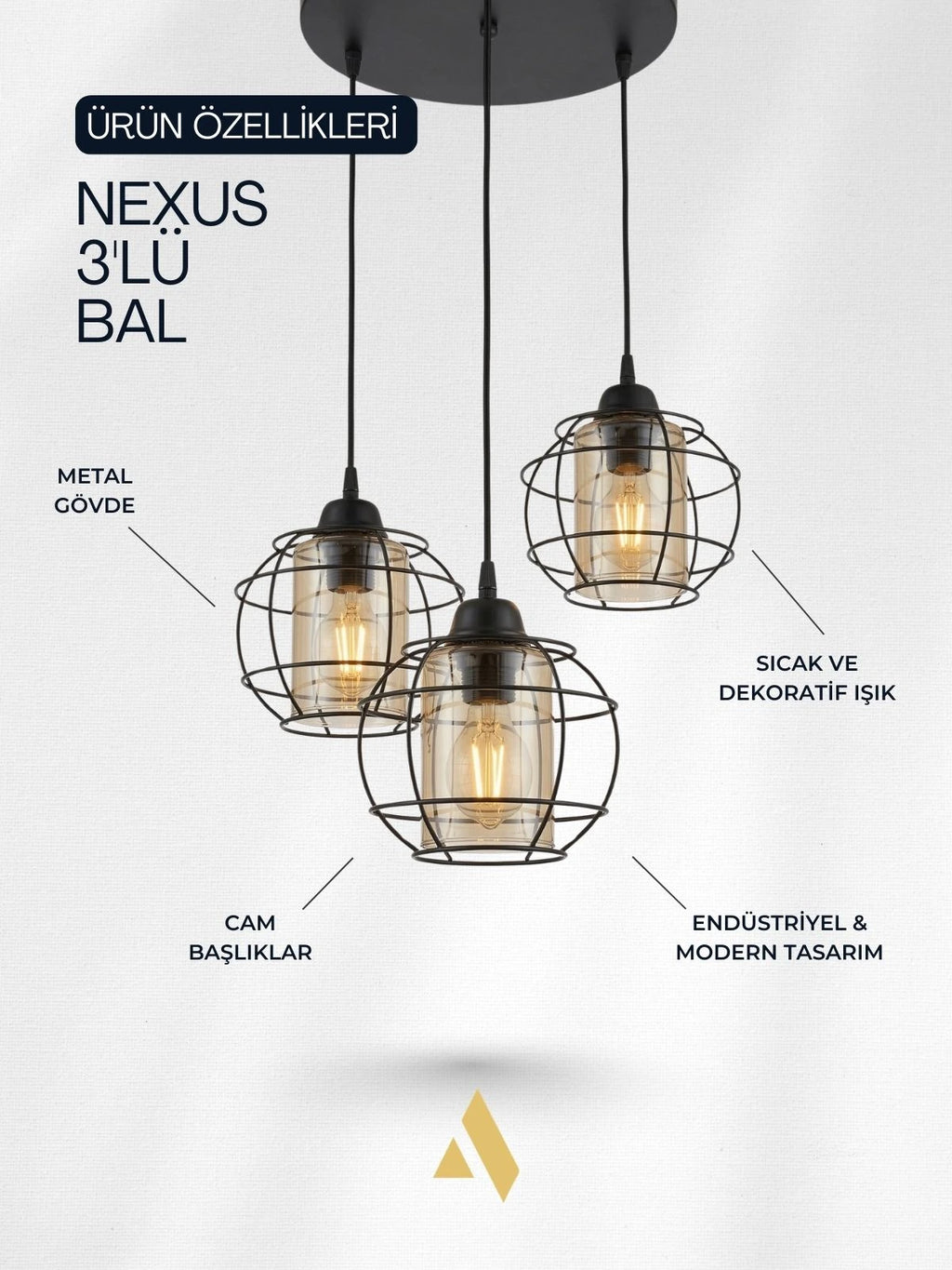 Nexus 3’lü Tel Kafes Avize – Endüstriyel Metal Avize (Camsız / Bal Cam / Beyaz Cam)