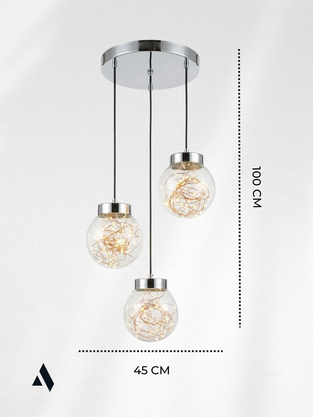 Glow 3’lü Peri LED Avize – Bal / Füme Cam Küreli Modern Sarkıt Avize (Gold & Krom Kaplama)