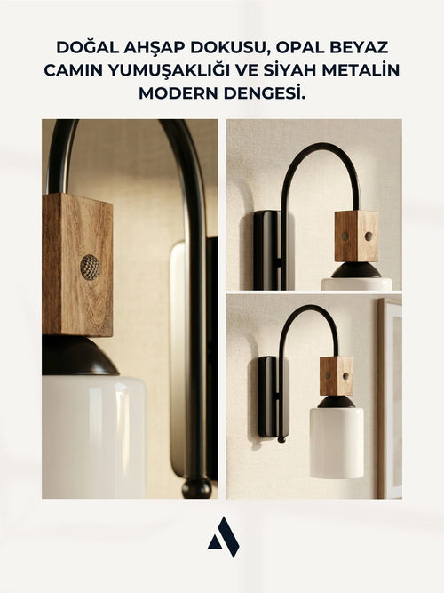 Altira Ahşap Süslemeli Duvar Apliği – Rustik Modern Stil, Opal ve Bal Camlı