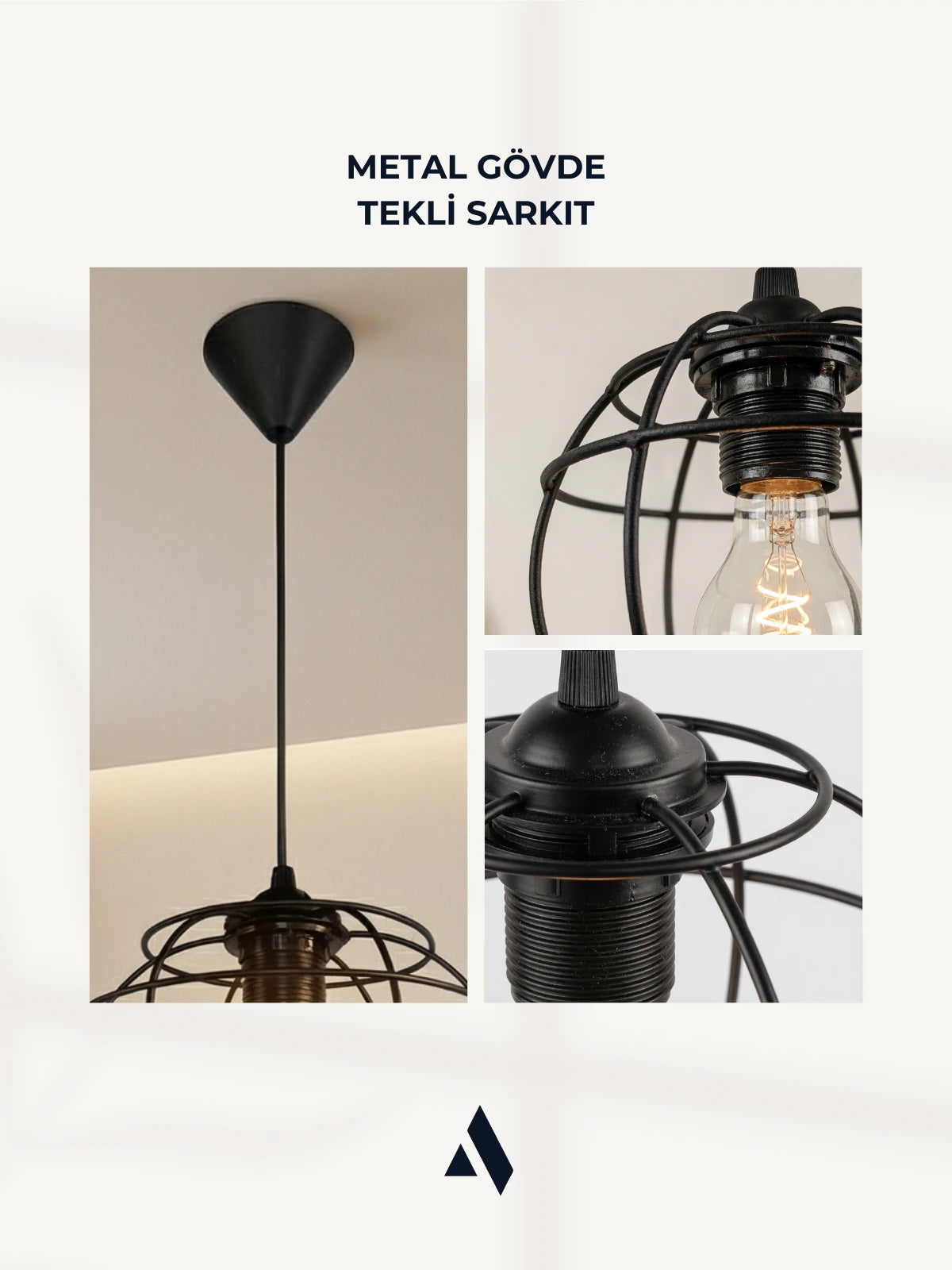 Nexus Tel Kafes Tekli Sarkıt Avize – Endüstriyel Metal Avize (Camsız / Bal Cam / Beyaz Cam)