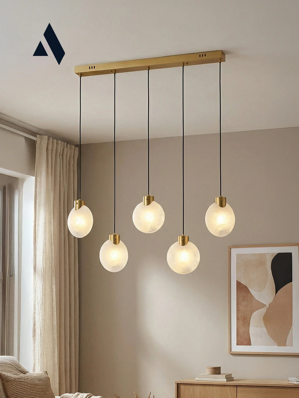 Fiora 5’li Sıralı Avize | Opal Camlı, Gold & Silver Yemek Masası Aydınlatması