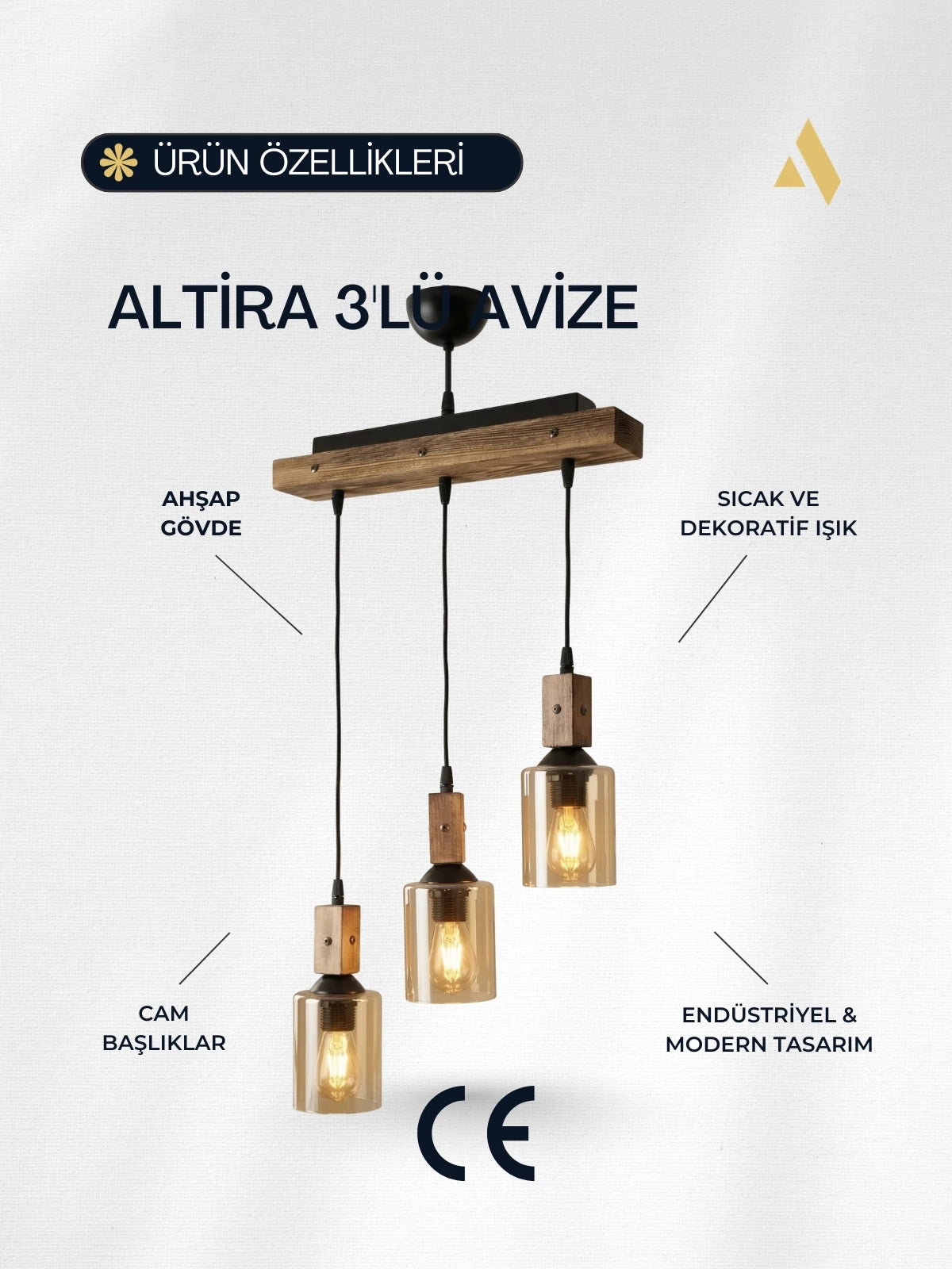 Altira 3'lü Ahşap Sıralı Sarkıt Avize – Modern Camlı Mutfak ve Yemek Masası Avizesi