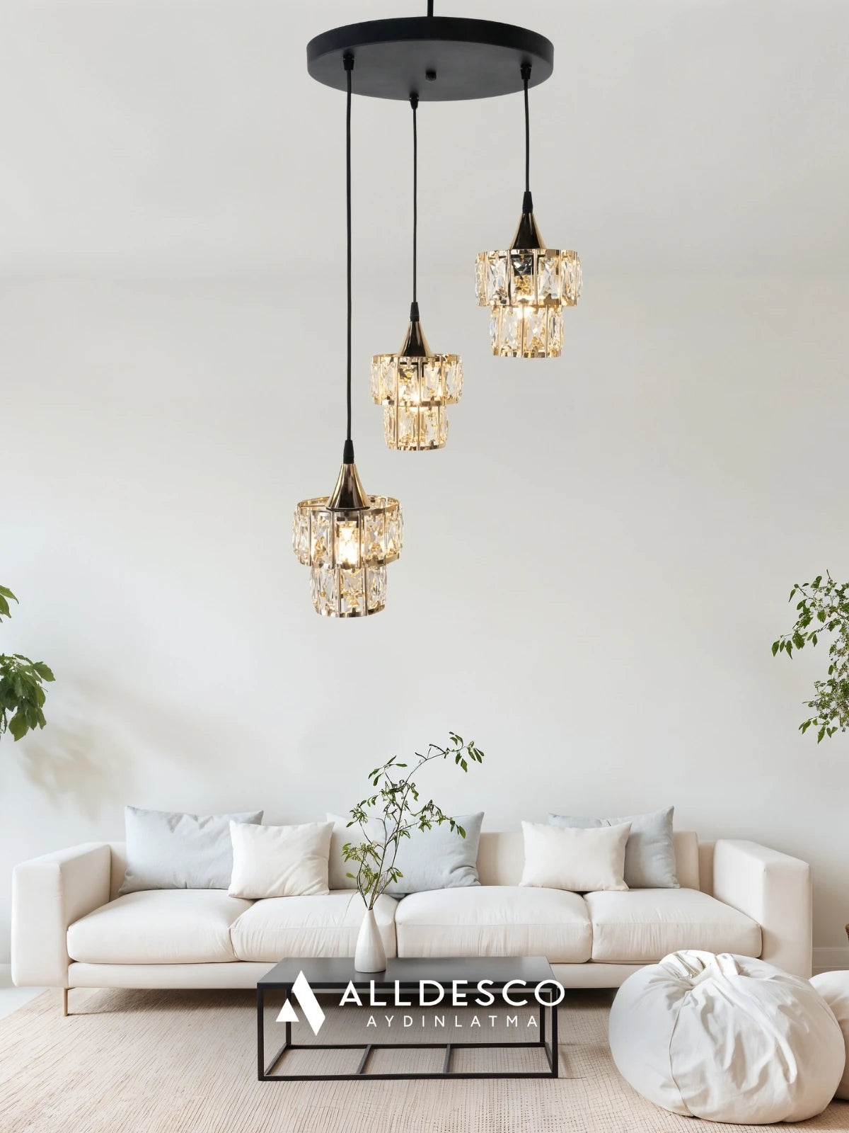 Crysten Luxe 3’lü Kristal Taşlı Sarkıt Avize (Gold & Silver)