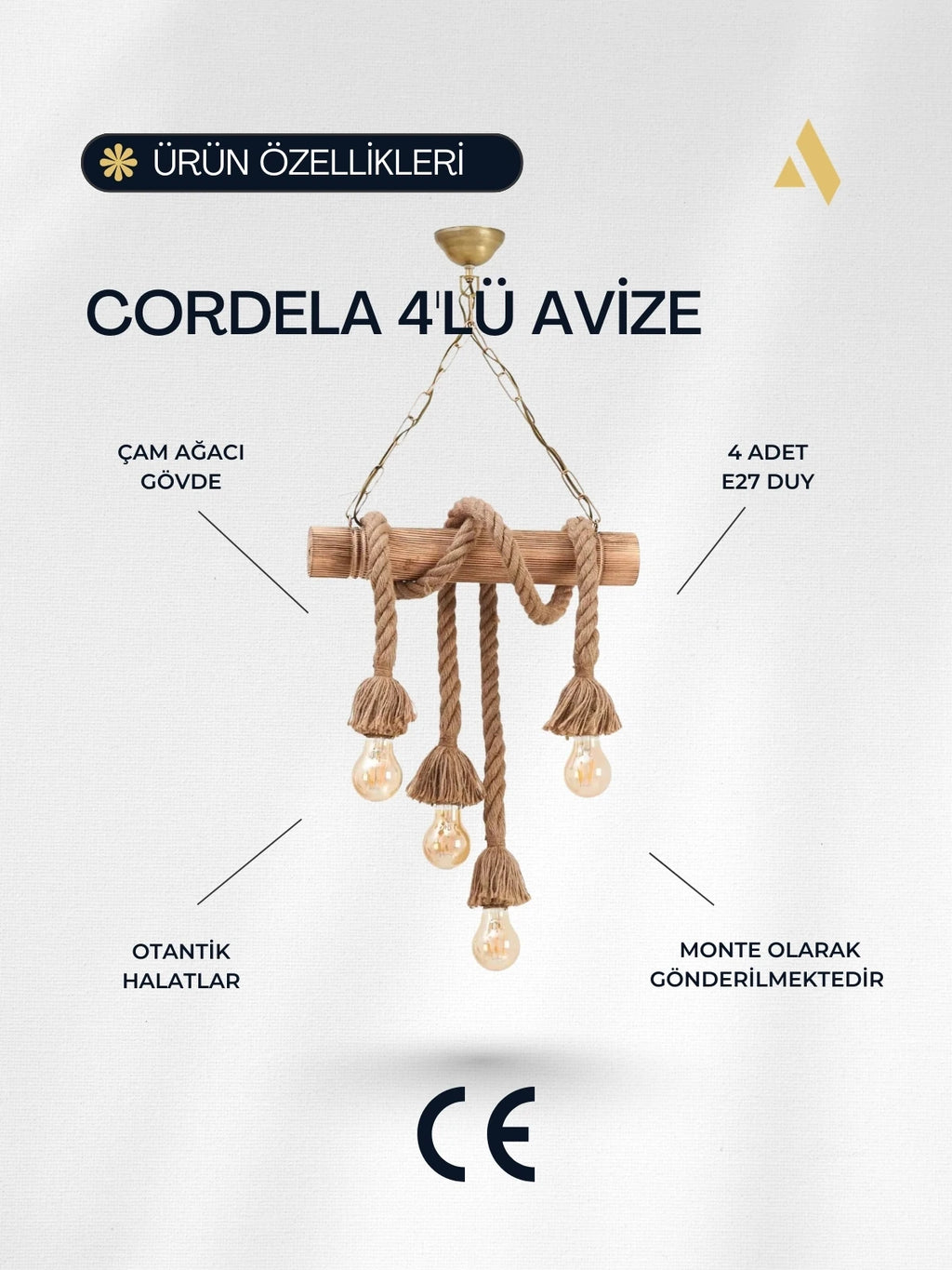 Cordela 4’lü Halatlı Rustik Ahşap Sarkıt Avize | Ayarlanabilir Zincirli, Otantik Tavan Aydınlatması