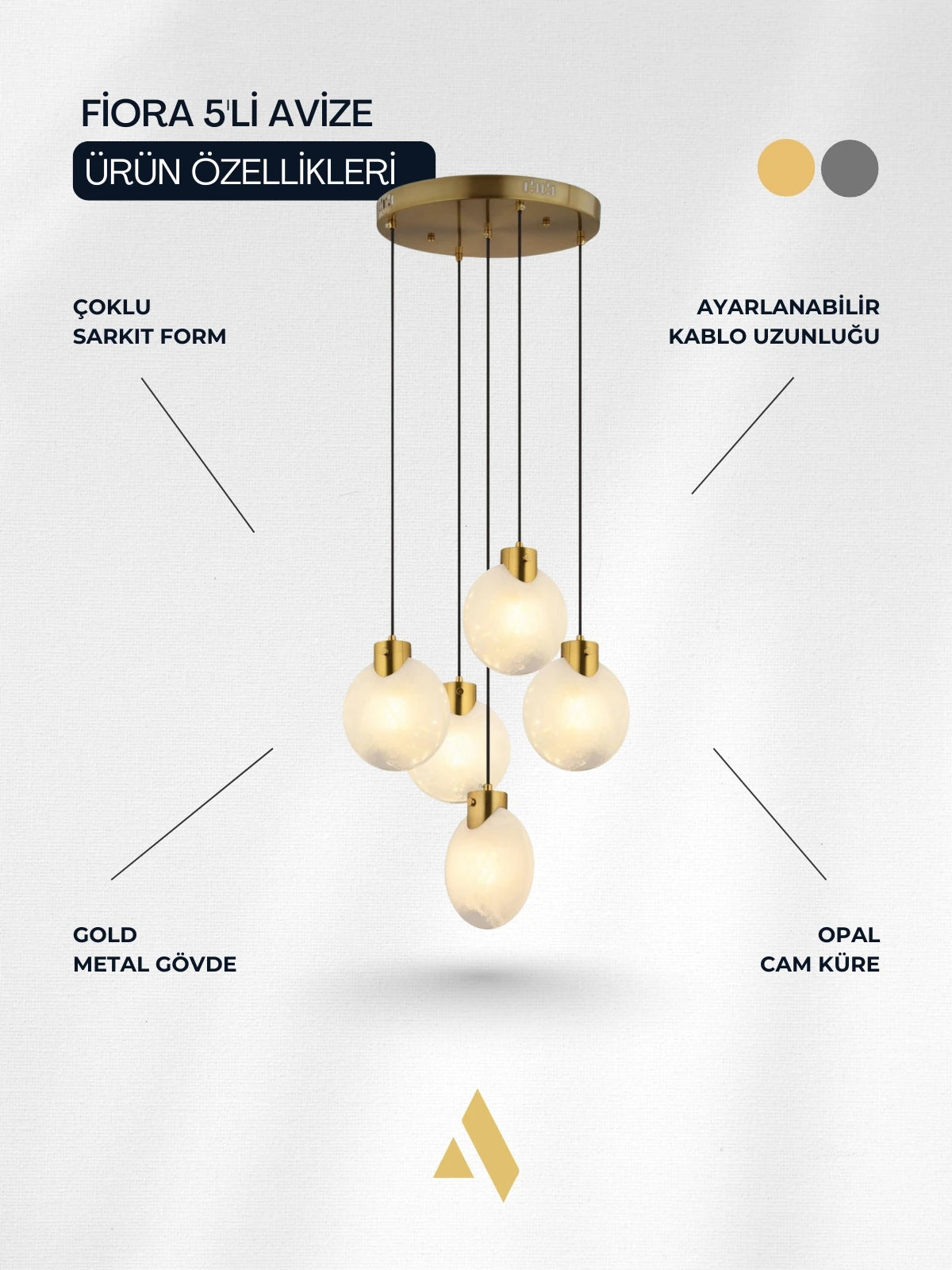 Fiora 5’li Midye Cam Sarkıt Avize | Gold & Krom Renkli Lüks Modern Tasarım