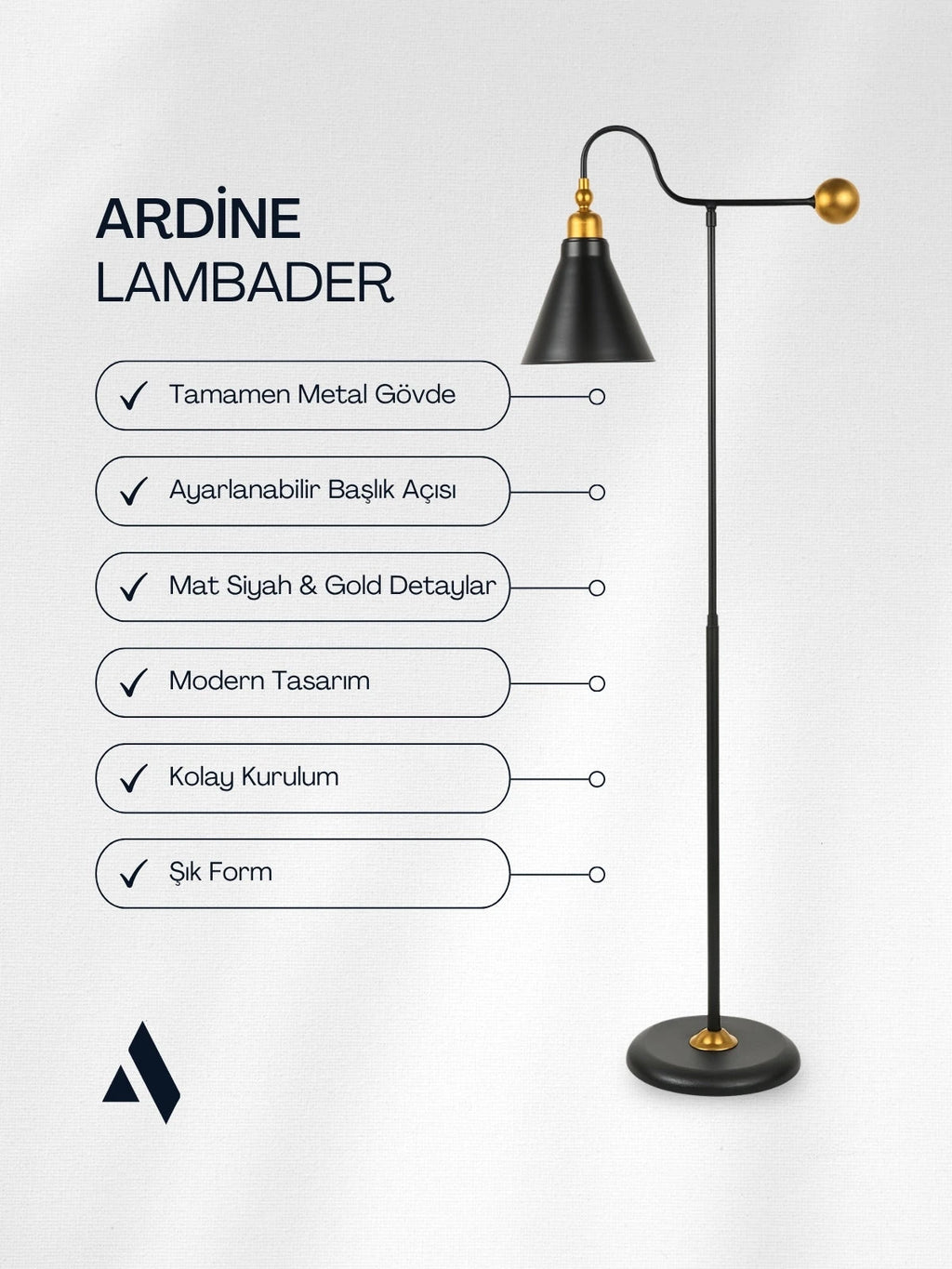 Ardine Ayarlanabilir Siyah Lambader | Gold Detaylı Metal Gövde – Modern ve Fonksiyonel Tasarım
