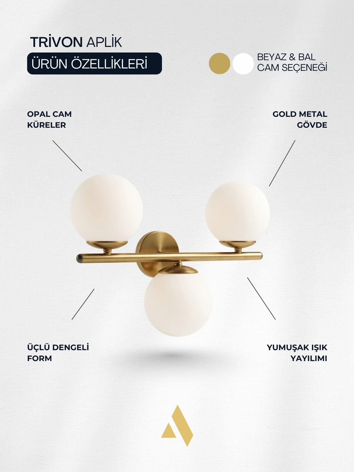 Trivon Üçlü Cam Aplik – Beyaz & Bal Renk Seçenekli, Gold Metal Gövde | Modern Duvar Aydınlatma