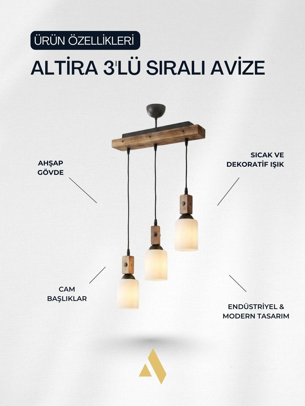 Altira 3'lü Ahşap Sıralı Sarkıt Avize – Modern Camlı Mutfak ve Yemek Masası Avizesi