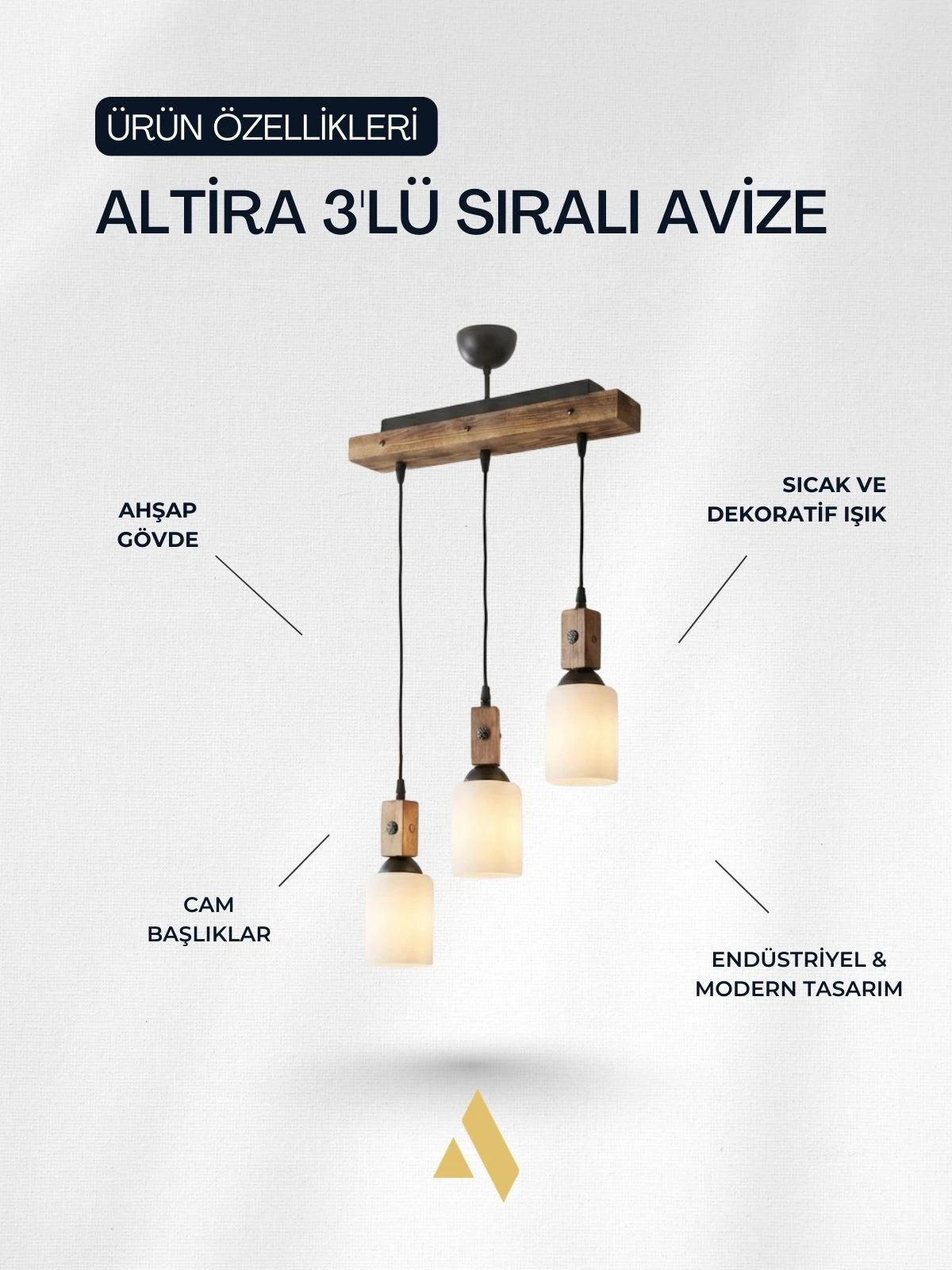 Altira 3'lü Ahşap Sıralı Sarkıt Avize – Modern Camlı Mutfak ve Yemek Masası Avizesi
