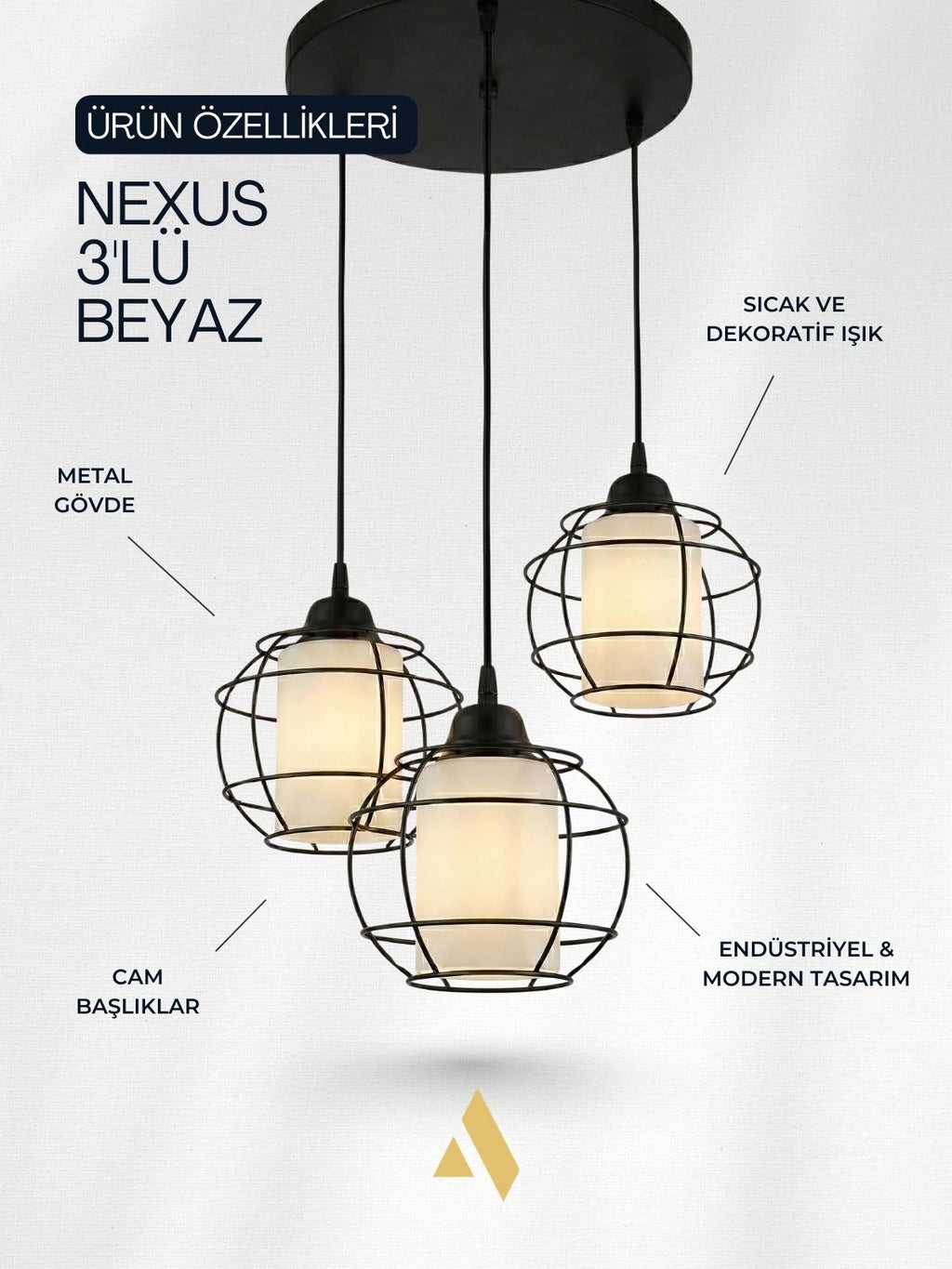 Nexus 3’lü Tel Kafes Avize – Endüstriyel Metal Avize (Camsız / Bal Cam / Beyaz Cam)