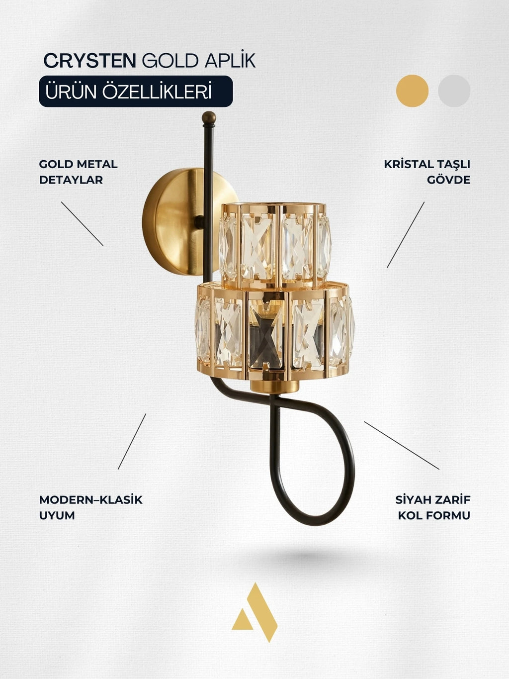 Crysten Kristal Duvar Apliği – Gold & Gümüş Dekoratif Metal Duvar Lambası | Alldesco