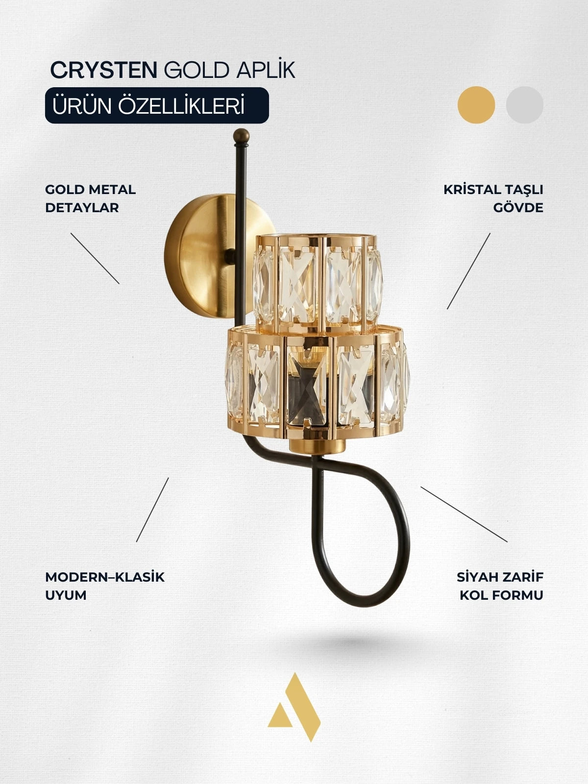 Crysten Kristal Duvar Apliği – Gold & Gümüş Dekoratif Metal Duvar Lambası | Alldesco